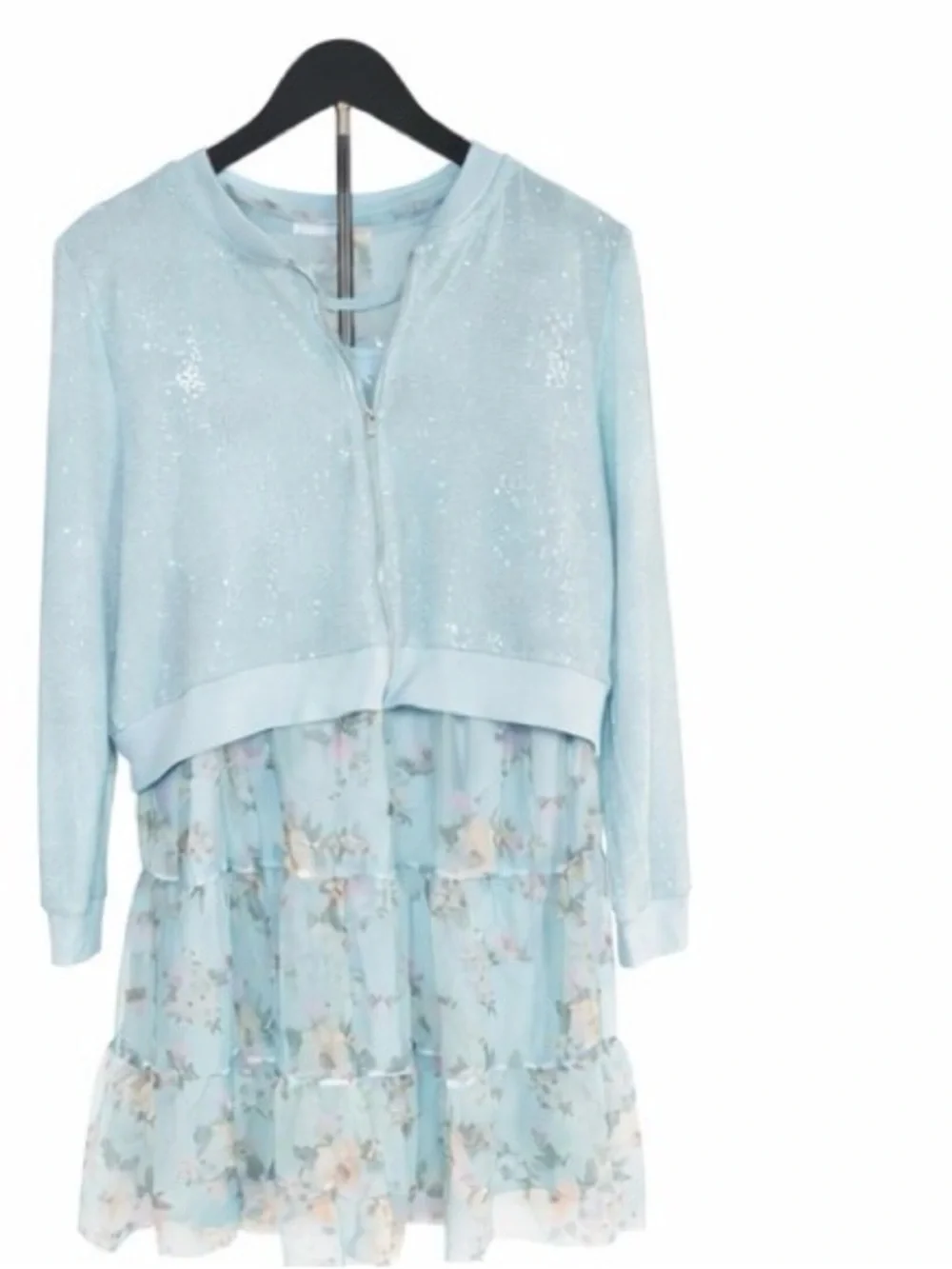 Knit Works Girls 2-Piece Dress Set Blue Floral Chiffon + Cardigan Size 18 Plus